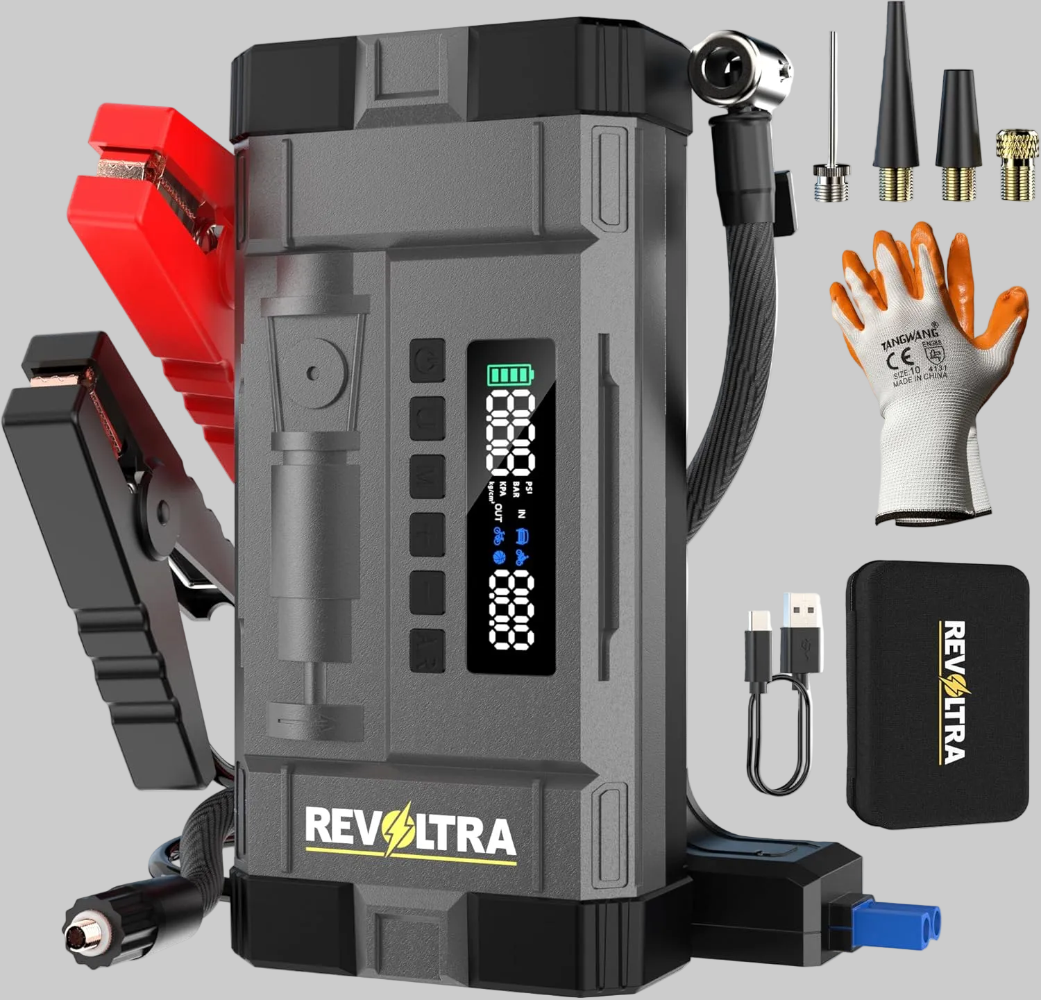 Revoltra 9-in-1 Jump Starter Power Pack With 150PSI Air Compressor, 6000A Car Battery Booster Jump Starter, Car Starter Power Bank With Jump leads & Insulated Gloves