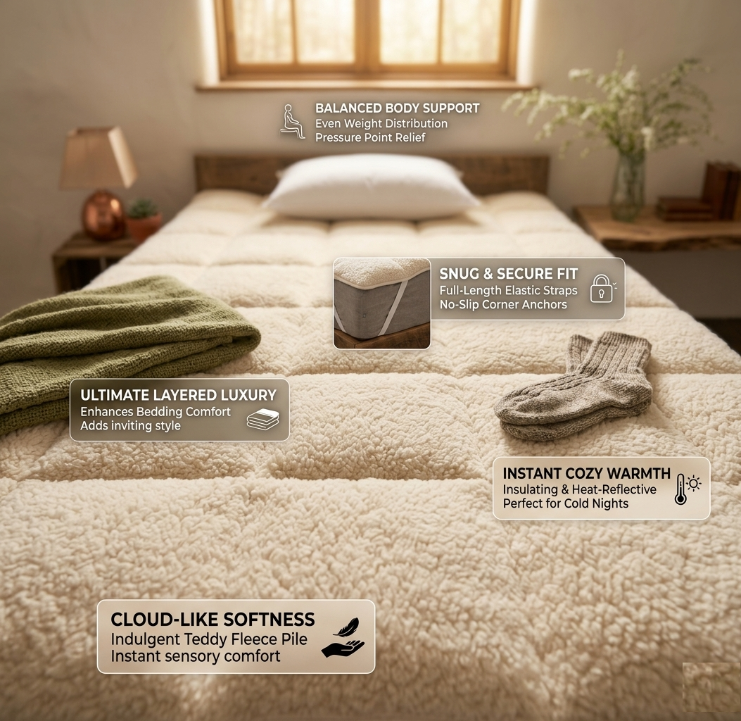 Teddy Fleece Mattress Topper Extra Soft Plush Bed Topper Warm & Cosy Mattress Protector