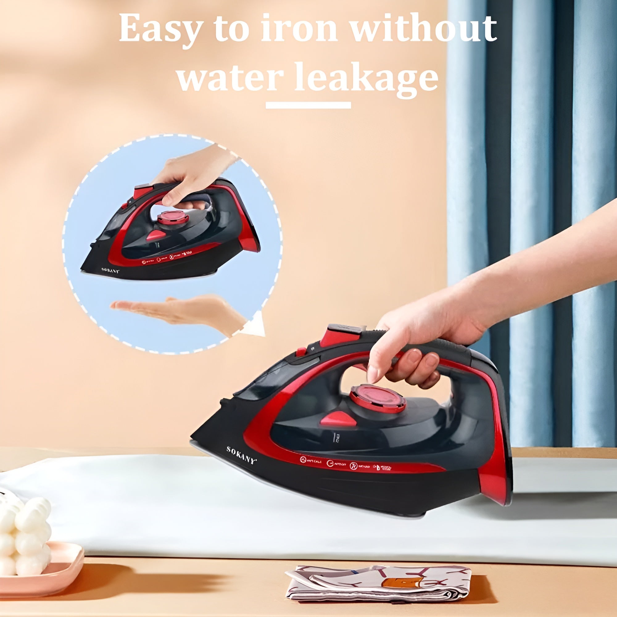 SOKANY 2400W Electric Steam Iron & Cordless Iron - Red & Black, Self-Cleaning