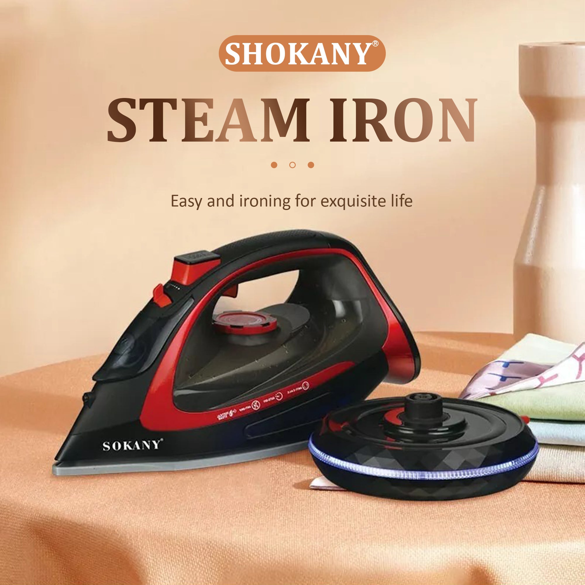 SOKANY 2400W Electric Steam Iron & Cordless Iron - Red & Black, Self-Cleaning