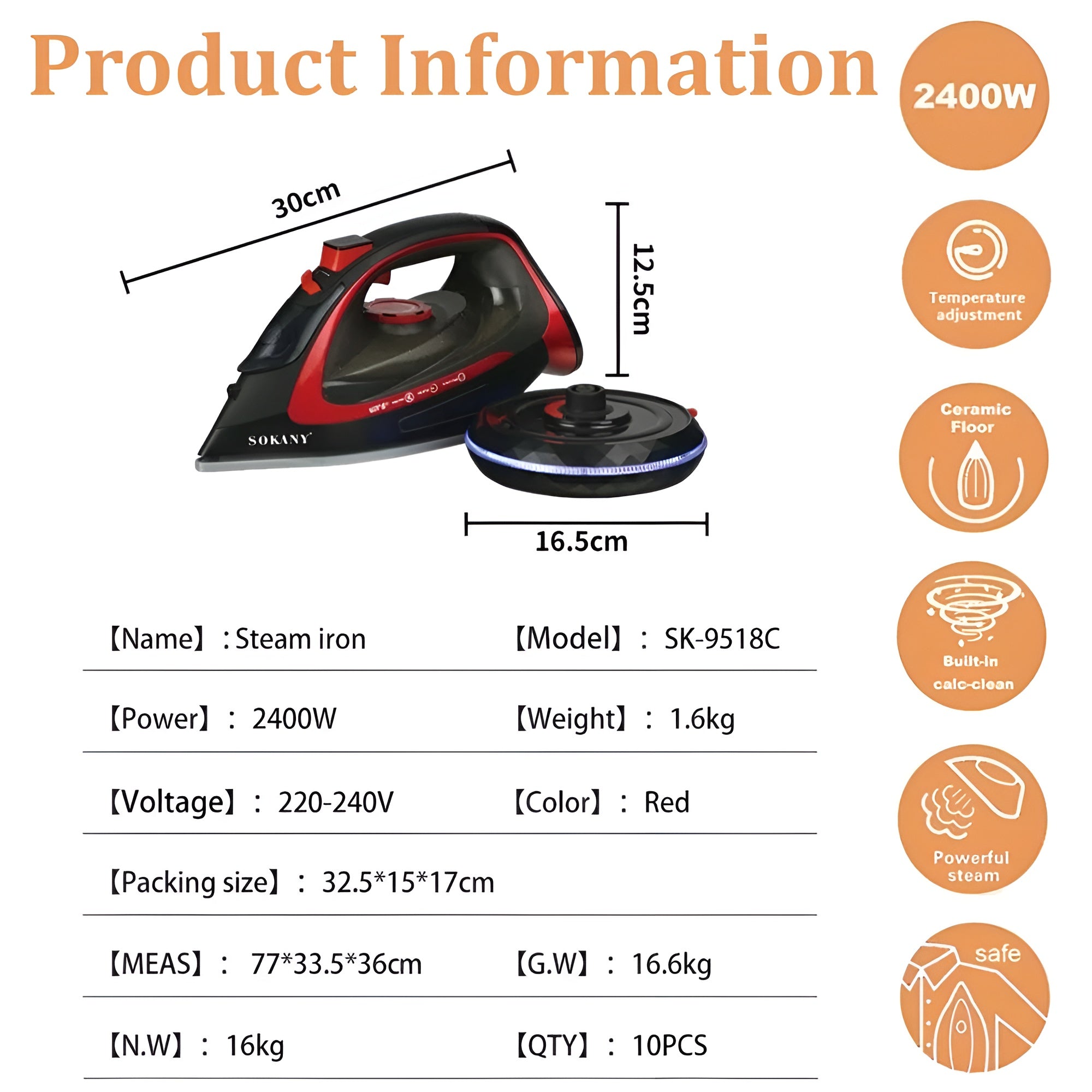 SOKANY 2400W Electric Steam Iron & Cordless Iron - Red & Black, Self-Cleaning