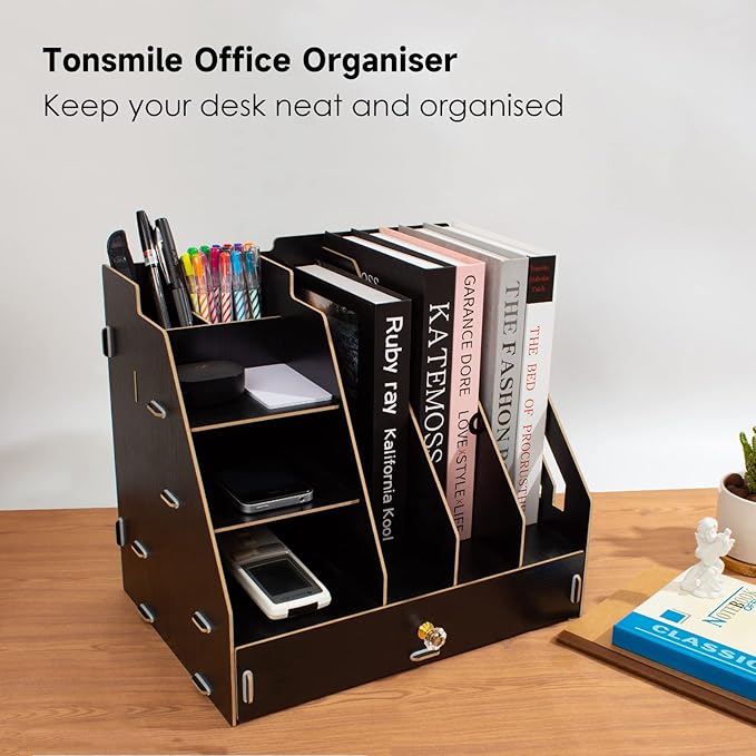 Tonsmile Wooden Desk Organizer - A4 Office Stationery Holder & Storage Tidy for Home & Work
