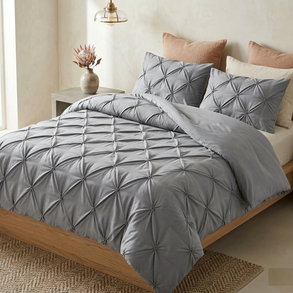 Pintuck Duvet Cover Set - 200 Thread Count 100% Egyptian Cotton Pinch Pleated Quilt Bedding