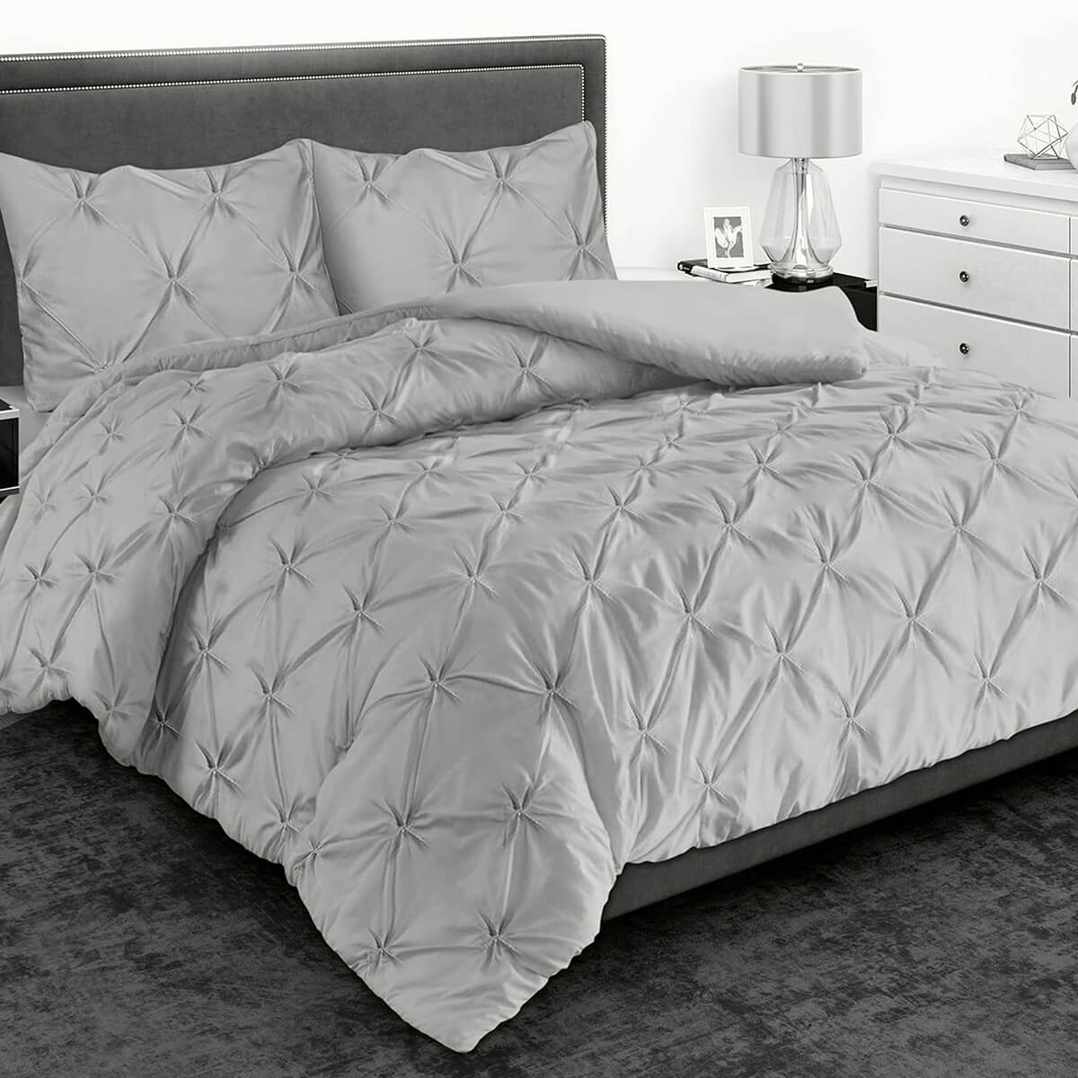 Pintuck Duvet Cover Set - 200 Thread Count 100% Egyptian Cotton Pinch Pleated Quilt Bedding