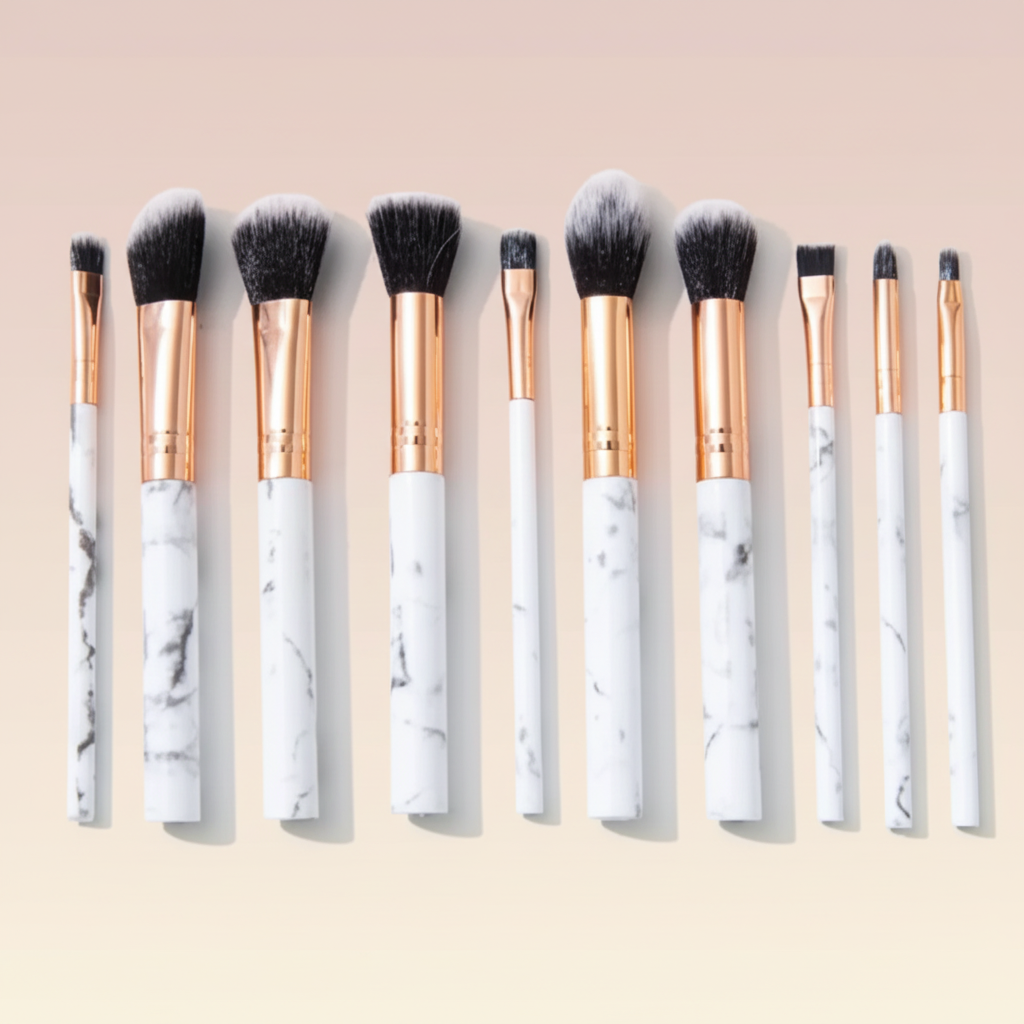 HomeGenics 10-Piece Marble Makeup Brush Set - Foundation, Powder, Blush, Eyeshadow, Contour Brushes
